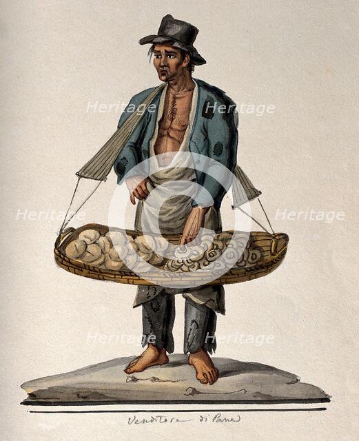 A man selling bread from a large basket hanging from his shoulders, 1800-1899. Creator: Unknown.