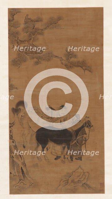 Two men and two horses under a pine tree, Qing dynasty, 18th century. Creator: Unknown.
