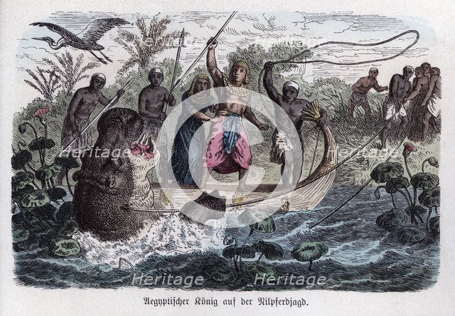 Ancient History. Egypt. The pharaoh in an hippos hunting. German engraving, 1865.