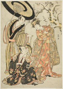 The Actors Iwai Hanshiro IV (right), Ichikawa Monnosuke II (center), and Sakata..., c. 1786. Creator: Katsukawa Shunko.