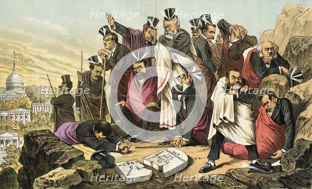 Ausgeschlossen aus dem Lande der Verheißung. Cartoon from Puck, between 1880 and 1889. Creator: Bernhard Gillam.