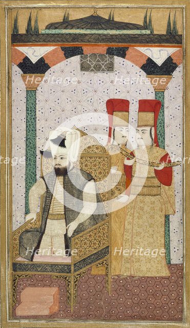Sultan Mehmet III (reigned 1595-1603) Enthroned, Attended by Two Janissaries, c1600. Creator: Unknown.