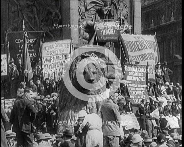A Large Crowd Gathering in Trafalgar Square Protesting Unemployment. at The Base of Nelson's...,1924 Creator: British Pathe Ltd.