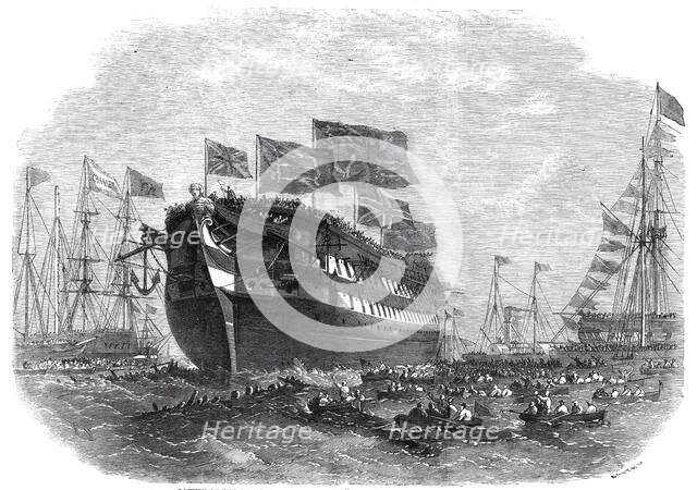 Launch of the screw line-of-battle ship "Anson" at Woolwich, 1860. Creator: Smyth.
