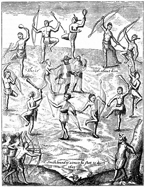 Captain John Smith taken prisoner by the Indians, Virgina, 1607 (c1880). Artist: Unknown