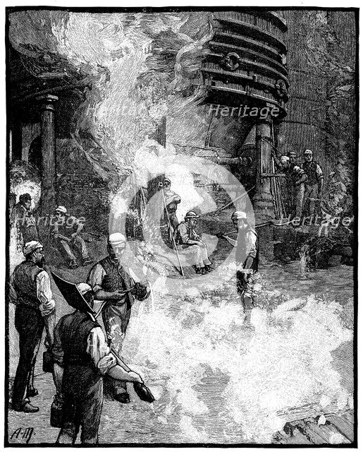 Tapping blast furnace, and casting iron into pigs, Siemens iron and steel works, Wales, 1885. Artist: Unknown