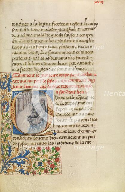 Initial Q: The Ship of Bishop Theophilus with the Reliquary Shrine before the City..., about 1465-70 Creators: Master of the Brussels Romuléon, Workshop of the Master of the Brussels Romuléon.