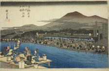 Enjoying the Evening Cool on the Riverbed at Shijo (Shijogawara yusuzumi), from the..., c. 1834. Creator: Ando Hiroshige.