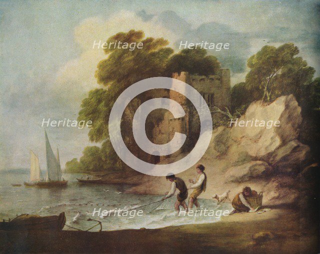 ''Rocky Coastal Scene with Ruined Castle, Boats and Fishermen', 1780-1781 (1946). Artist: Thomas Gainsborough.