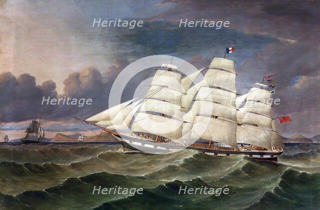 The Full rigged ship "Caribou" off the Otago Coast, Taieri Head on starboard quarter,  c1867. Creator: Thomas Robertson.