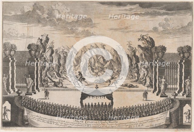 The royal family sitting under a canopy, watching dancers perform the opening ballet o..., ca. 1700. Creator: Johann Ulrich Kraus.