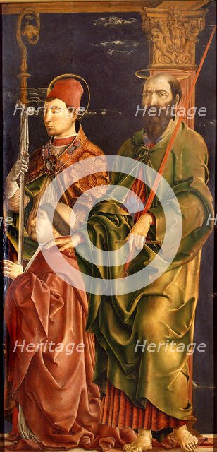 Saints Maurelius and Paul with Cardinal Bartolomeo Roverella, c. 1480-1485. Creator: Tura, Cosimo (before 1431-1495).