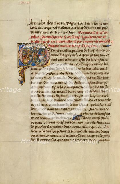 Initial Q: Gillion Defeating the King of Gibraltar; Roman de Gillion de Trazegnies, 1464. Creators: Lieven van Lathem, David Aubert.