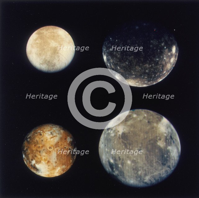 Four moons of Jupiter, Io, Europa, Ganymede and Callisto, 1979. Artist: Unknown