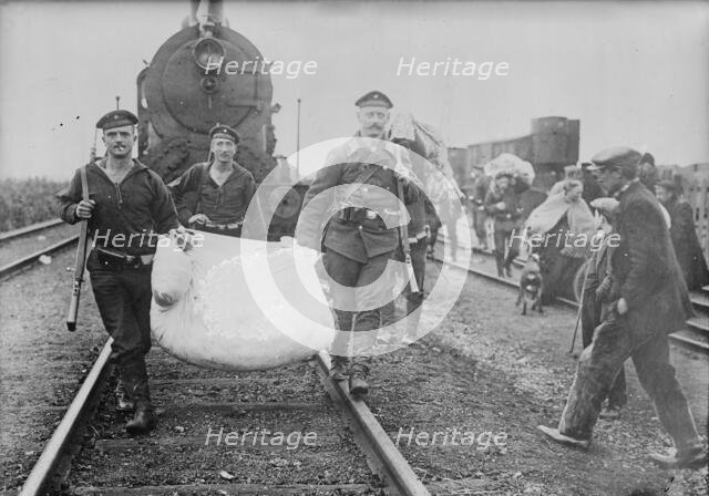 Germans helping refugees returning to Antwerp, 1914. Creator: Bain News Service.