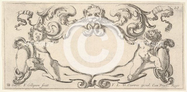 Plate 1: a cartouche with a lion head with wings at top center, a putto holding a b..., ca. 1640-45. Creator: Francois Collignon.