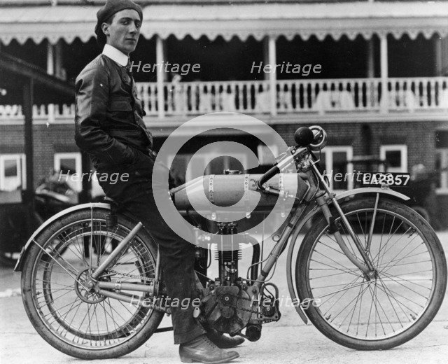 Syd Justien Tessier, on a 1910 Bat 3.5 Litre bike, (1910?). Artist: Unknown