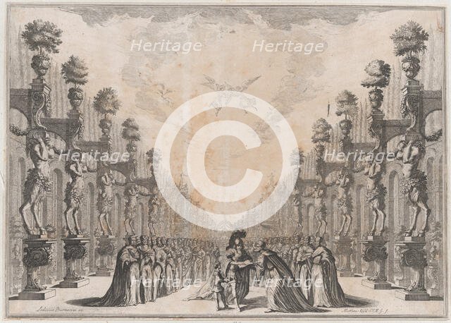 Three men at center, an old man who holding out an open book for a soldier to sign as a sm..., 1674. Creator: Mathäus Küsel.