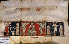  'Granting of indulgences to Virgin de la Rodona of Vic', parchment with an illustration at the b…