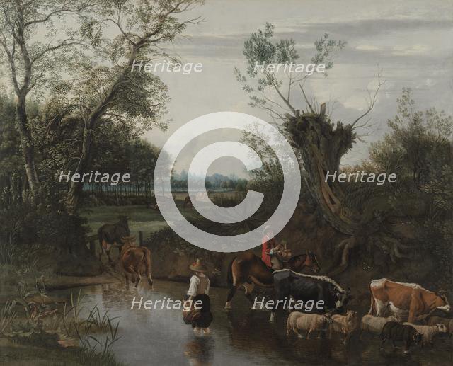 Peasants Crossing a Stream, c. 1670. Creator: Jan Siberechts (Flemish, 1627-c. 1703).