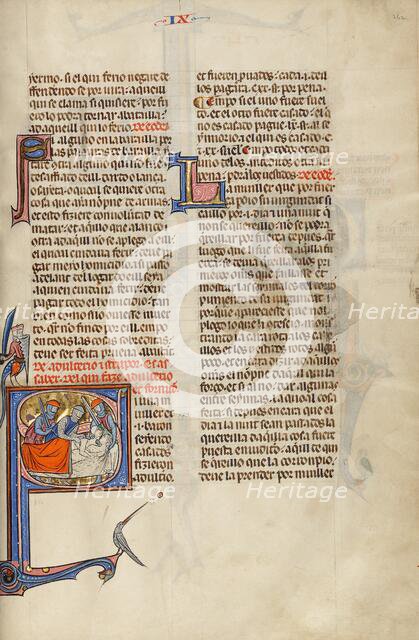 Initial S: Three Soldiers Arresting a Man in Bed with a Woman; Vidal Mayor, about 1290-1310. Creator: Unknown.