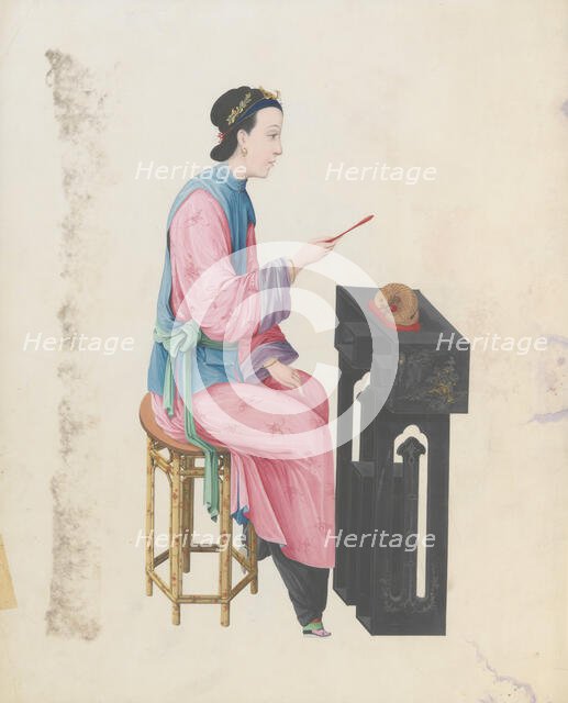 Watercolour of musician playing mu yu, late 18th century. Creator: Unknown.