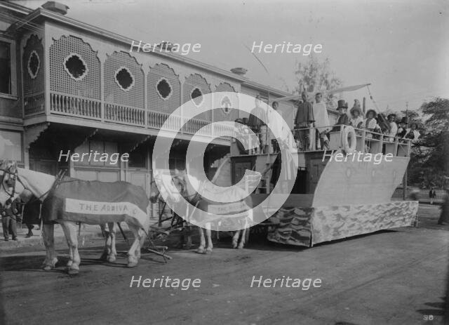 Float representing arrival of first missionary boat "Thaddeus", Floral Parade, Honolulu, 1910. Creator: Bain News Service.