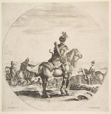 Polish horseman with a bow and arrow, seen from behind with his horse facing right, a ..., ca. 1651. Creator: Stefano della Bella.