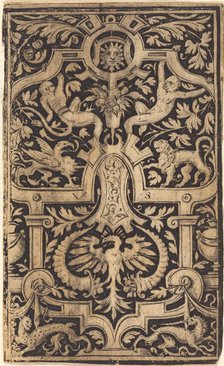 Strapwork and Foliage Ornament on Dark Ground with Monkeys and other Animals. Creator: Virgil Solis.