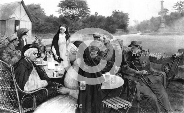 'La promenade des blesses; Un verre de biere ou de lait au carrefour de la Croix de Noailles', 1916 Creator: Unknown.