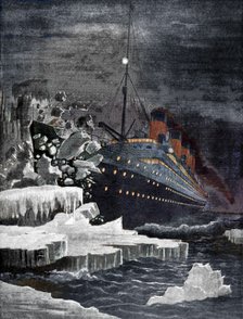 The 'Titanic' colliding with an iceberg, 1912. Artist: Unknown.