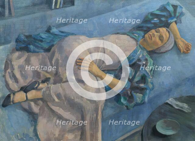 Grete Gamerith on a blue couch, 1936. Creator: Walther Gamerith.