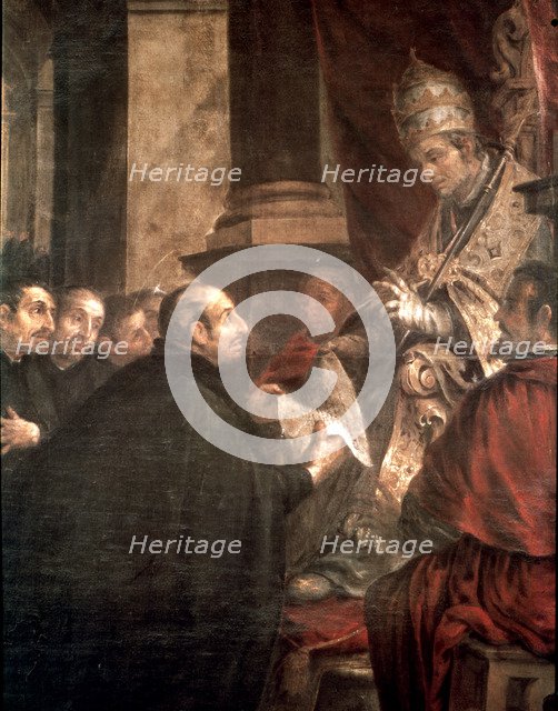 Saint Ignatius receiving from Pope Paul III the bull of the founding of the Society of Jesus.