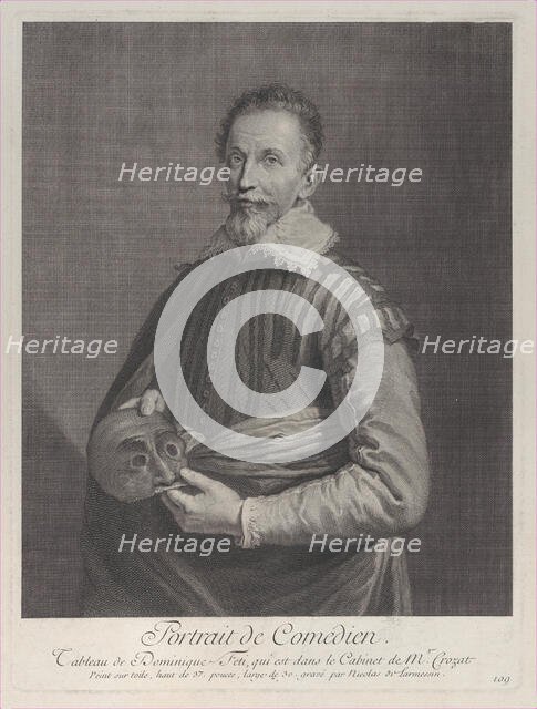 Portrait of a Comedian: portrait of Francesco Andreini holding a mask, 1729-40., 1729-40. Creator: Nicolas de Larmessin.