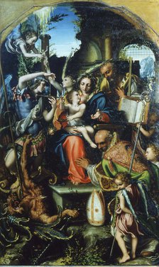 Holy Family with Saint Michael the Archangel and the Devil Contending for Souls, Saint Bernhard and  Artist: Gandini del Grano, Giorgio (c. 1500-1538)