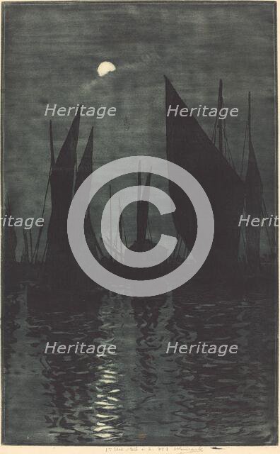 Moonlight in the Harbor at Dieppe, c. 1885. Creator: Henri-Charles Guerard.