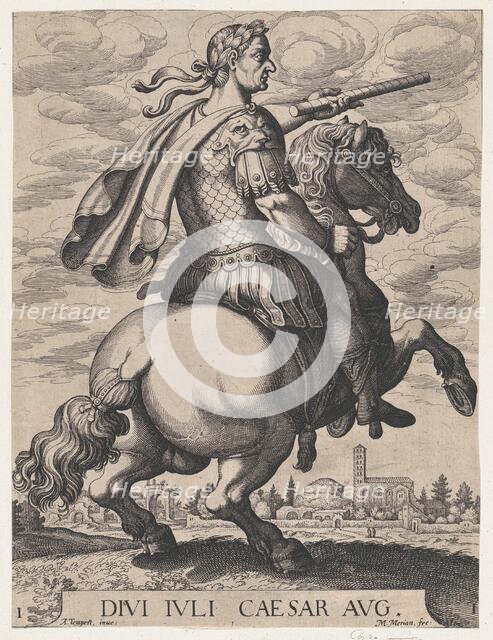 Plate 1: Emperor Julius Caesar on Horseback, from ' The First Twelve Roman Caesars', af..., 1610-50. Creator: Matthaus Merian.