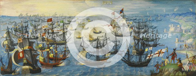 The Spanish Armada off the south coast of England, 1588. Artist: Monogrammist VHE (active ca 1600)