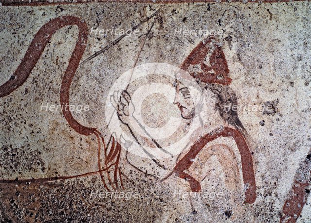 Fresco from the Lucan tomb representing a man holding the reins of a chariot.