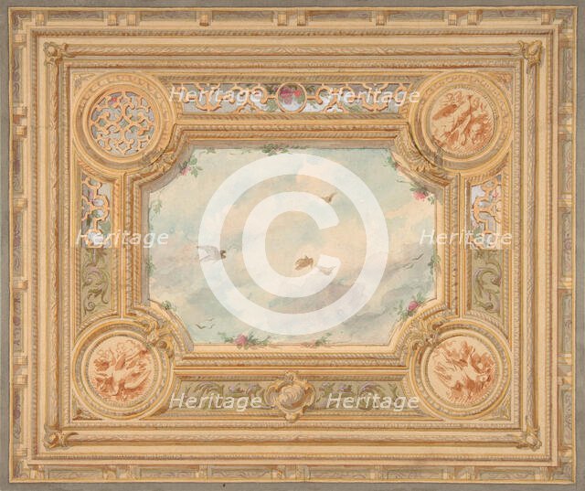 Design for a ceiling with four medallions and sky motif in center, second half 19th century. Creators: Jules-Edmond-Charles Lachaise, Eugène-Pierre Gourdet.