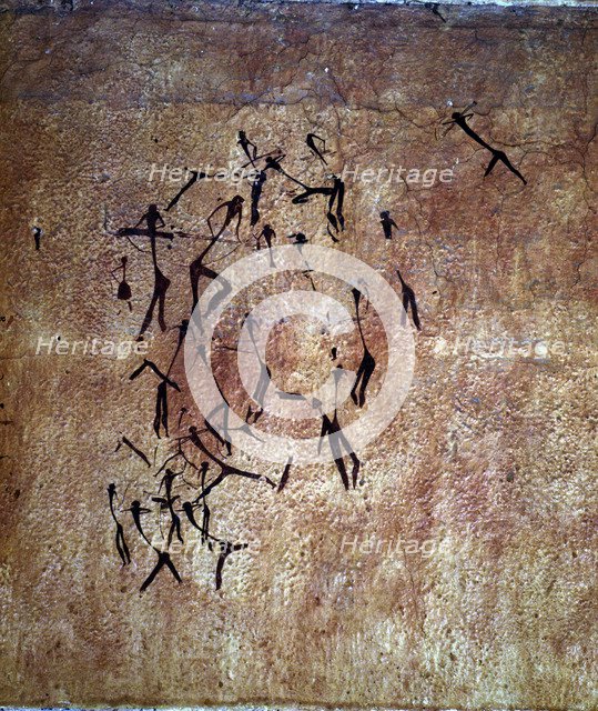 Hunting scene. Detail of the anthropomorphic figures. Pictorial composition of the hunting drawin…