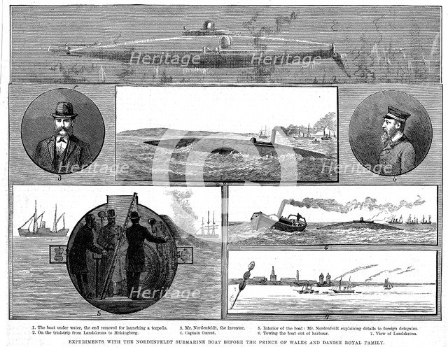 Torsten Nordenfeldt's steam-powered submarine, 1885. Artist: Unknown