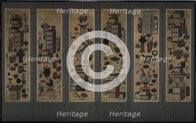 Scholar's books and utensils (Ch'aekkori). Six-section folding screen, Mid of the 19th cen.. Artist: Anonymous  