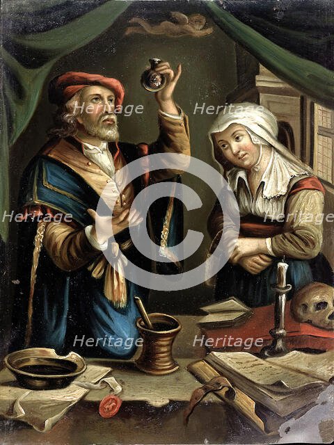 A physician examining a flask of urine brought by a young woman, c1670s. Creator: Unknown.