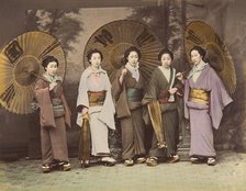 [Five Japanese Women in Traditional Dress with Parasols], 1870s. Creator: Unknown.