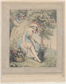 Girl with a Basket and Birdcage Adjusting Her Garter, 1785-95., 1785-95. Creator: Thomas Rowlandson.