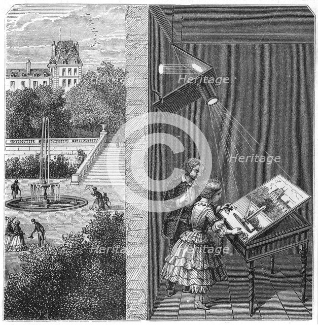 Children watching an outdoor scene through a camera obscura, 1887. Artist: Unknown