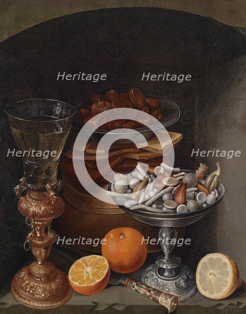 Still life with a wineglass, oranges, a plate with mushrooms and a silver cup, Early 17th cen.. Creator: Flegel, Georg (1566-1638).