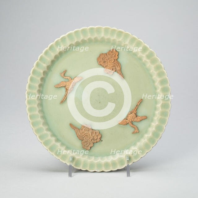 Scalloped-Rim Dish with Cranes and Clouds, Yuan dynasty (1279-1368). Creator: Unknown.