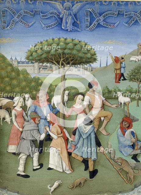 Annunciation to the shepherds: country dance. From Heures de Charles d'Angoulême, c. 1480. Creator: Anonymous.